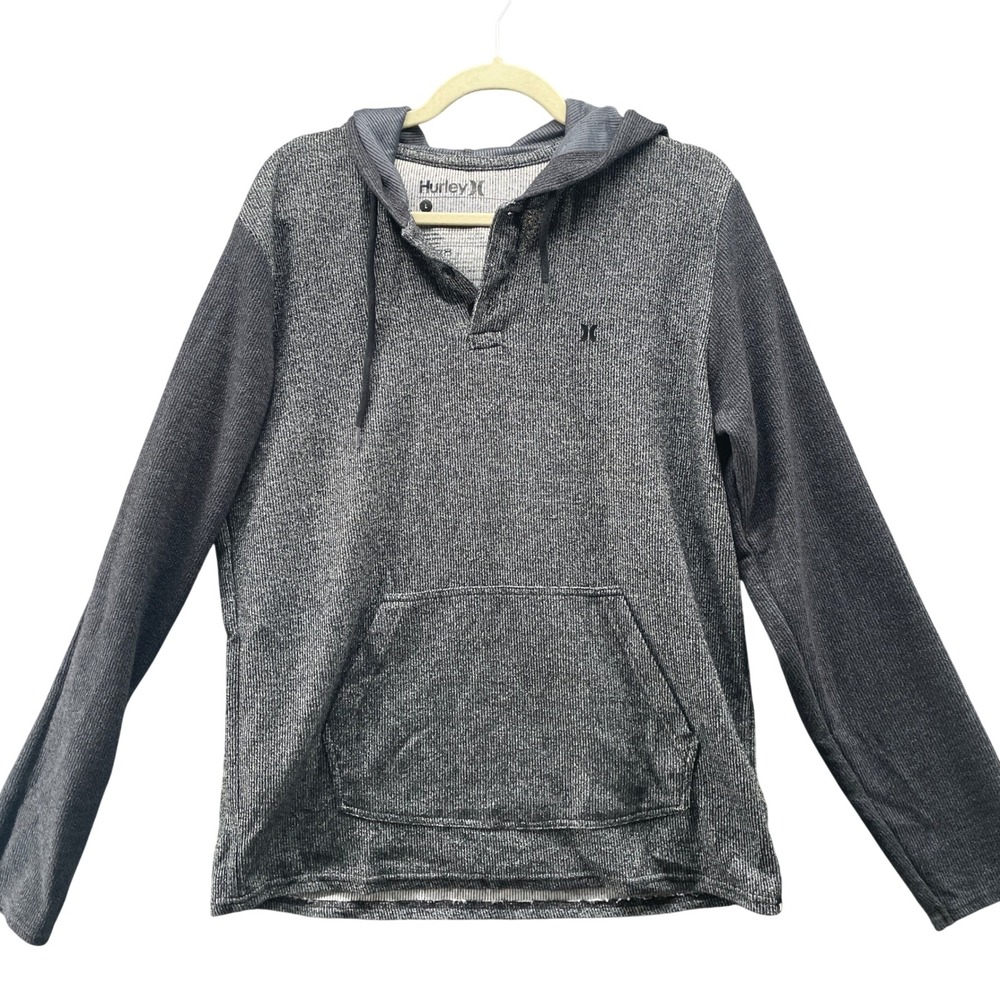 Hurley Henley Hoodie Mens Large Gray Textured Cotton Blend Pullover‎ Towel